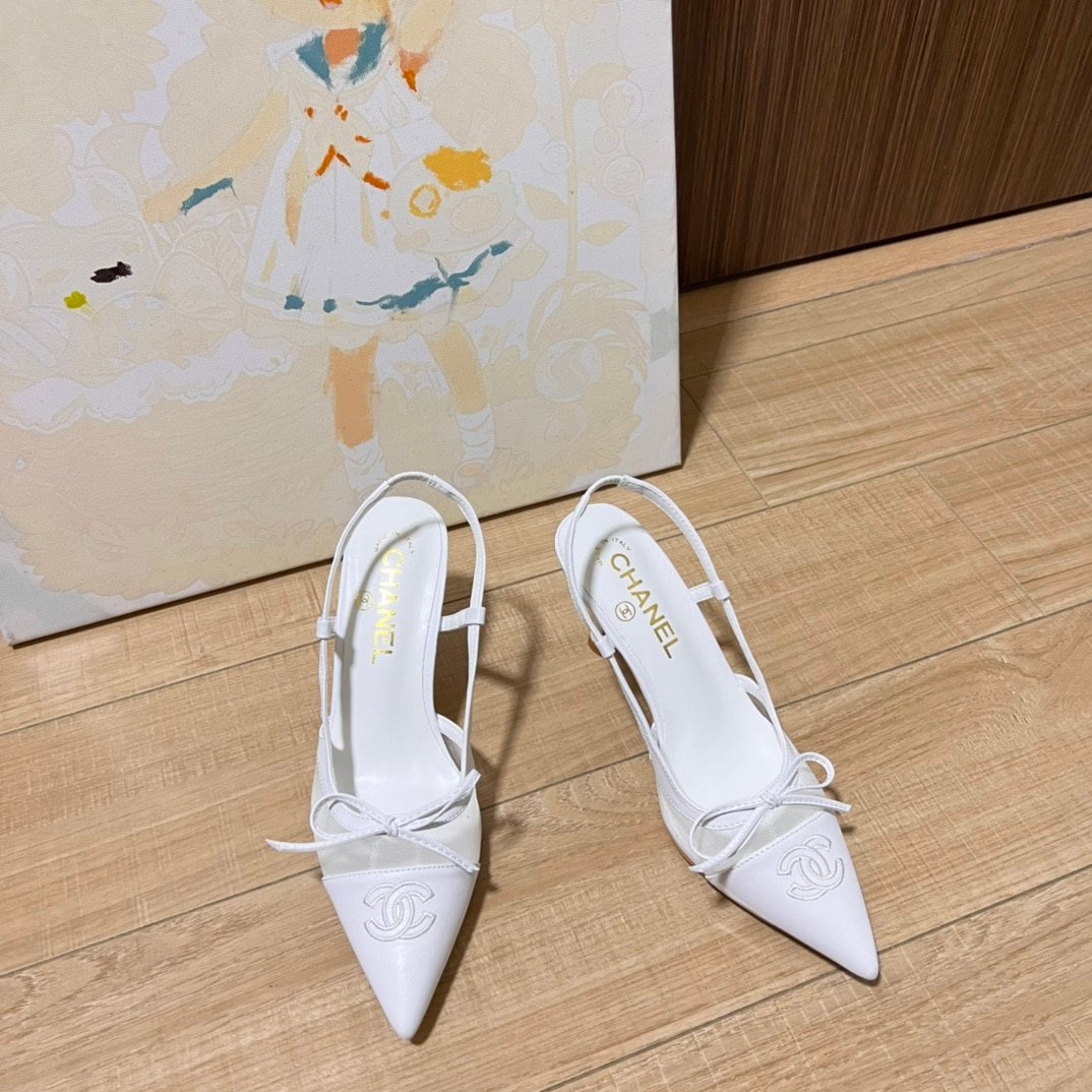 Ch**el Cc Leather Pointy Toe Pumps Slingbacks Sandals White