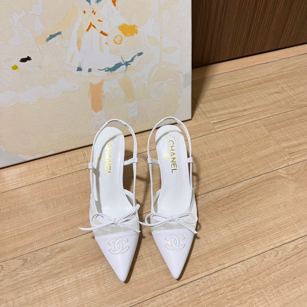 Ch**el Cc Leather Pointy Toe Pumps Slingbacks Sandals White