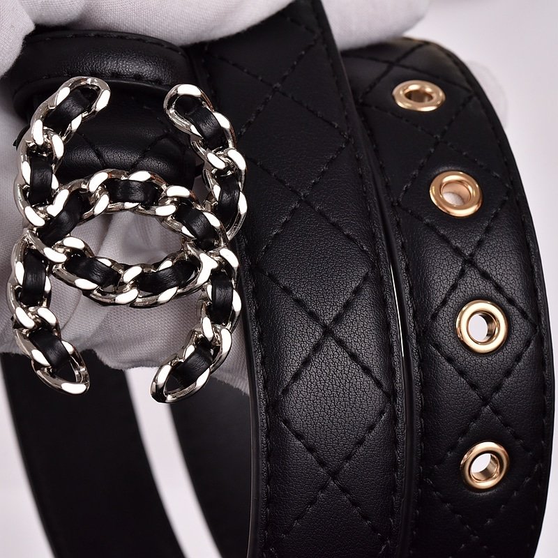 Ch**el Cc Belt Silver Chain And Black Leather 28Mm