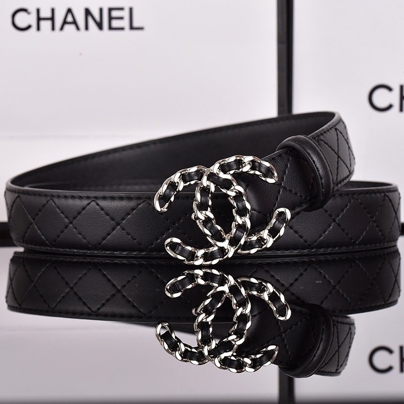 Ch**el Cc Belt Silver Chain And Black Leather 28Mm