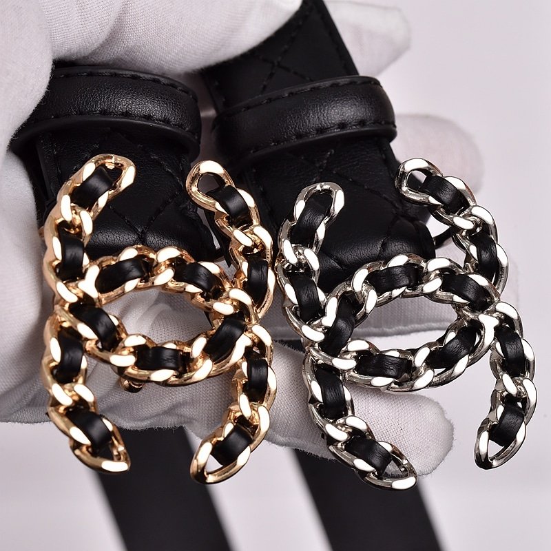 Ch**el Cc Belt Silver Chain And Black Leather 28Mm