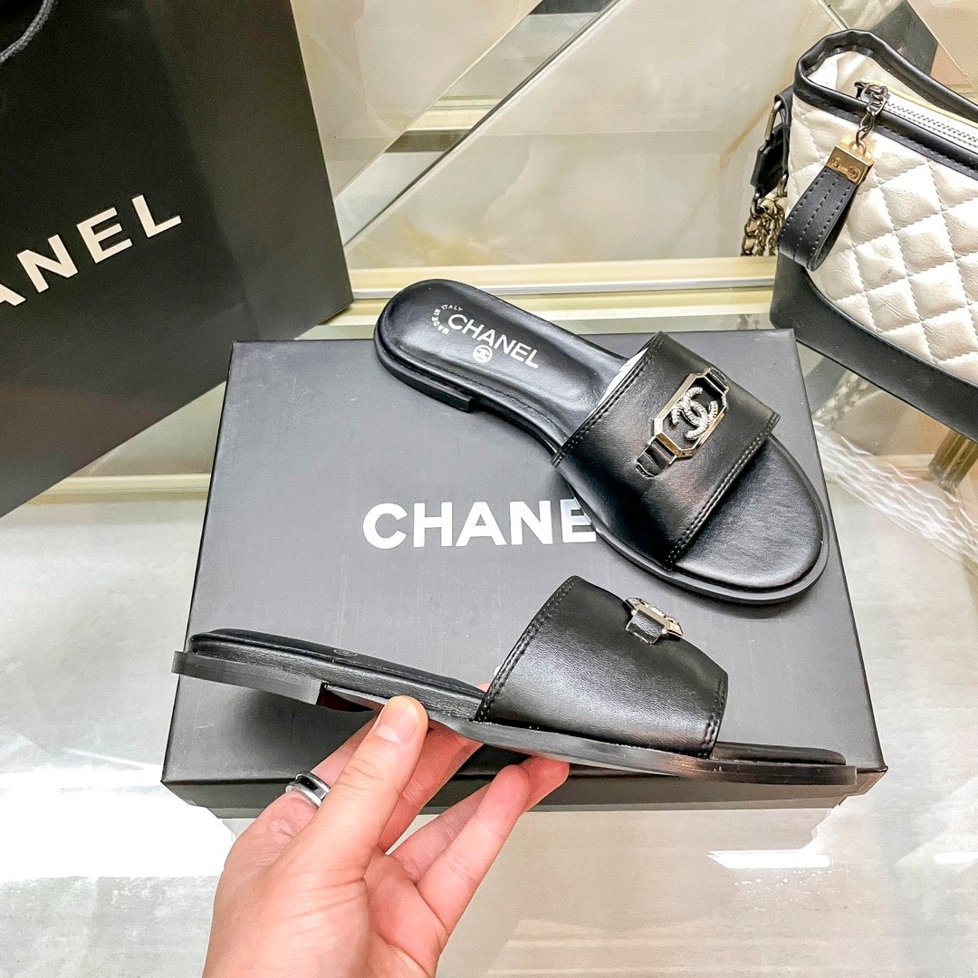 Ch**el Slippers With Cc Silver Hardware Black G45172 B13906 Nq961