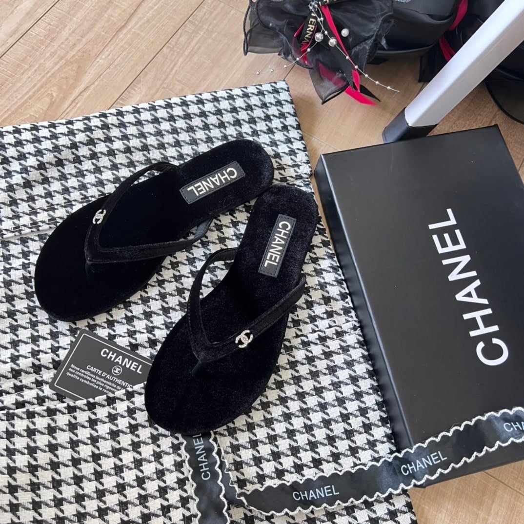 Ch**el Thongs Slipper Velvet In Black G45716 B16716 94305