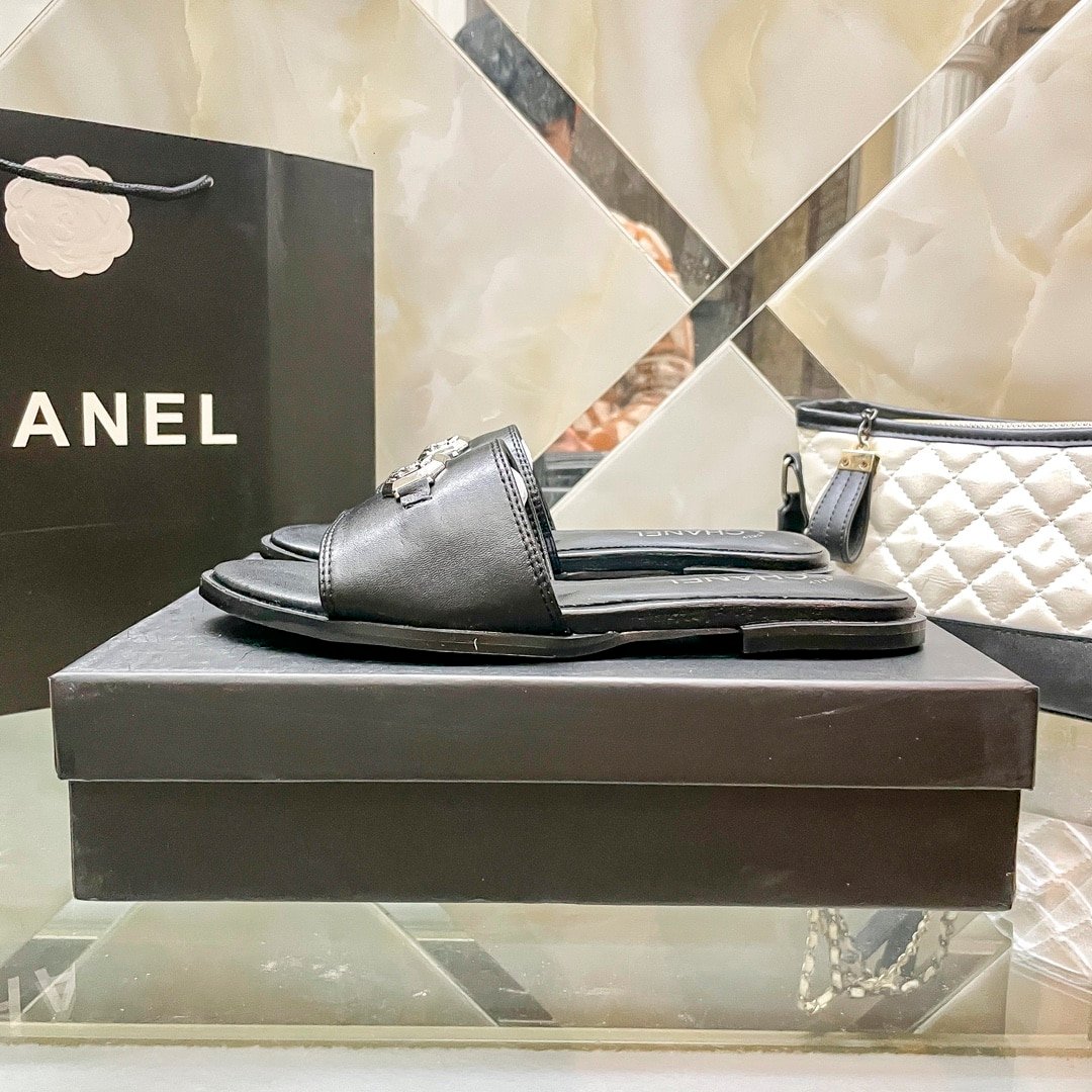 Ch**el Slippers With Cc Silver Hardware Black G45172 B13906 Nq961