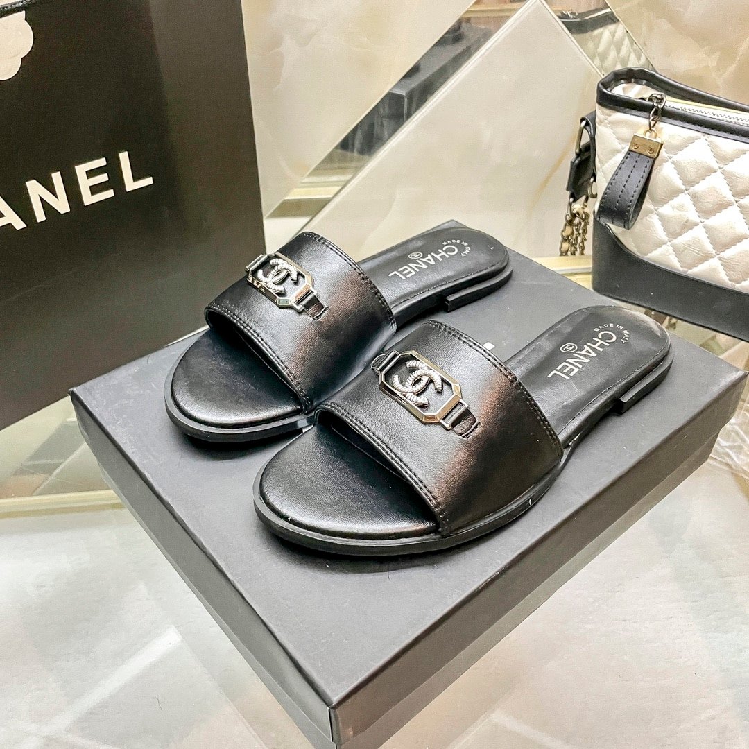Ch**el Slippers With Cc Silver Hardware Black G45172 B13906 Nq961