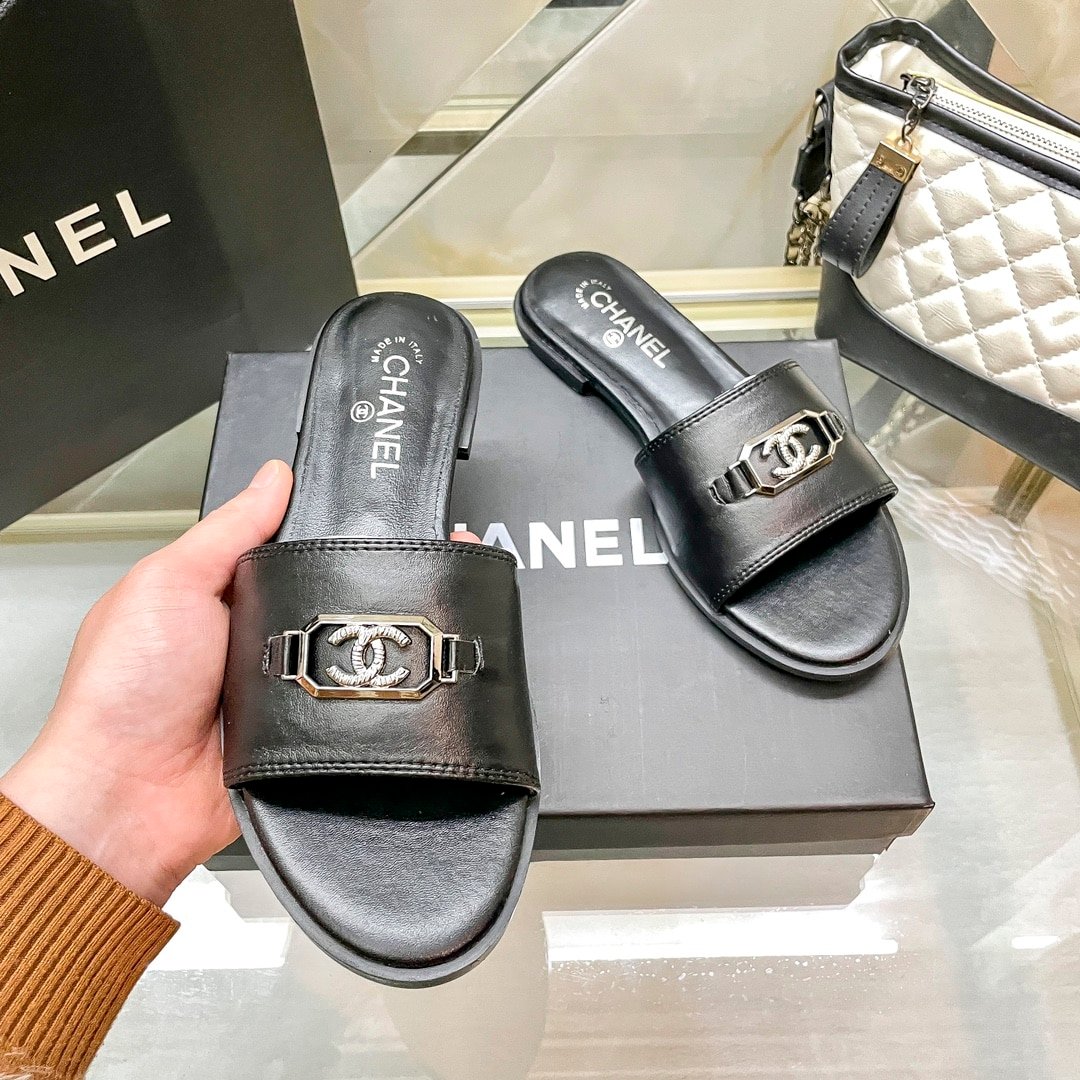 Ch**el Slippers With Cc Silver Hardware Black G45172 B13906 Nq961