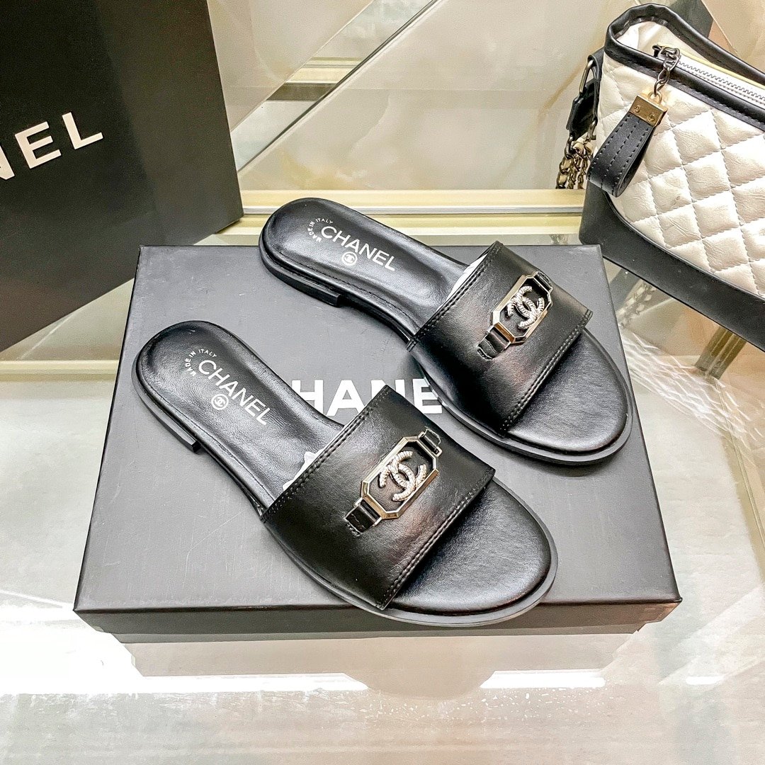 Ch**el Slippers With Cc Silver Hardware Black G45172 B13906 Nq961