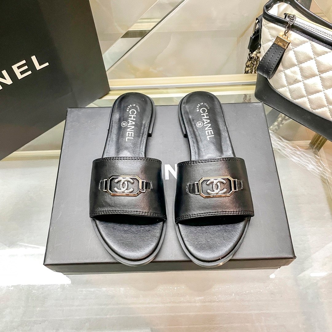 Ch**el Slippers With Cc Silver Hardware Black G45172 B13906 Nq961