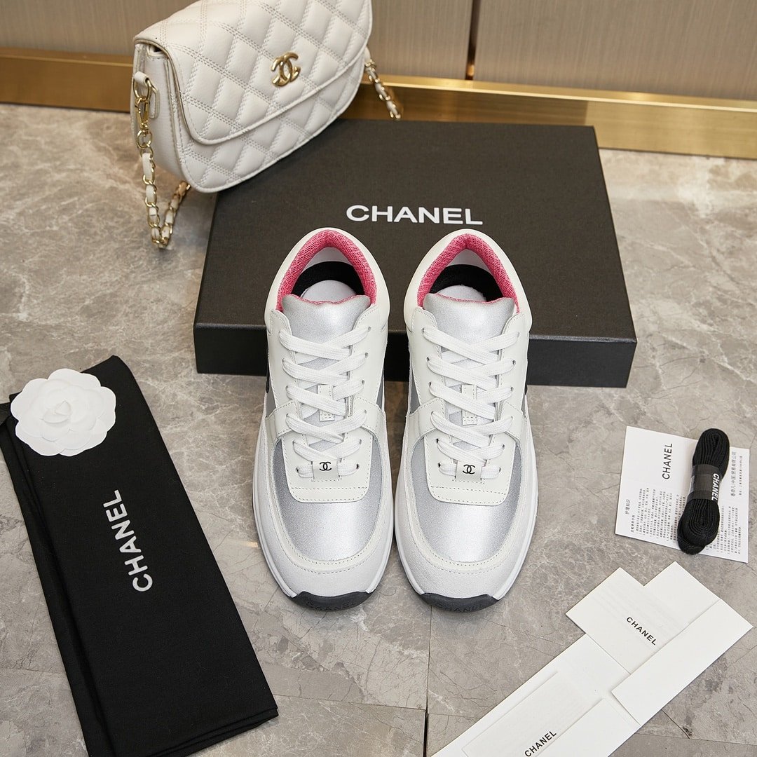 Ch**el Suede And Leather Cc Low Top Sneaker White Pink