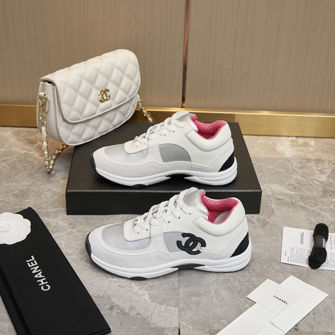 Ch**el Suede And Leather Cc Low Top Sneaker White Pink