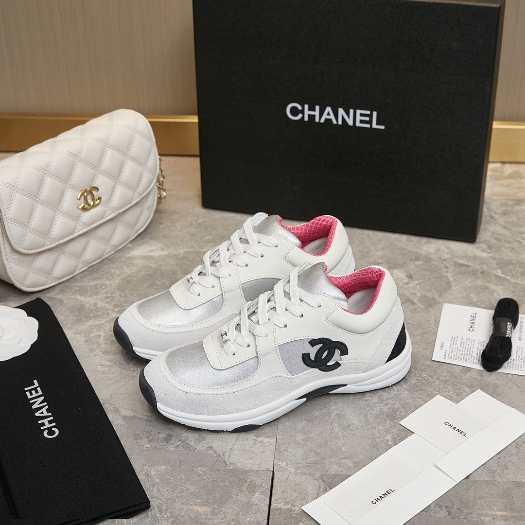 Ch**el Suede And Leather Cc Low Top Sneaker White Pink