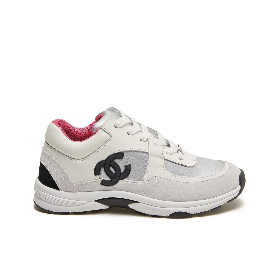 Ch**el Suede And Leather Cc Low Top Sneaker White Pink