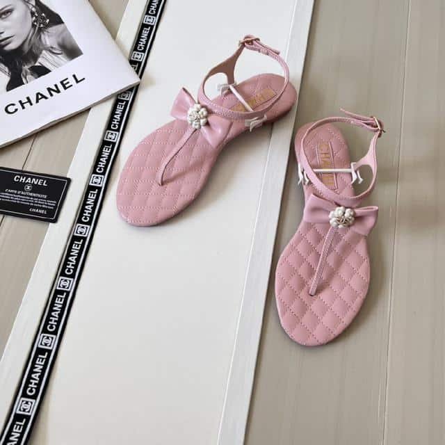 Ch**el Pink Quilted Leather With White Camellia Cc Logo Bow Thong Sandals