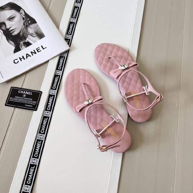 Ch**el Pink Quilted Leather With White Camellia Cc Logo Bow Thong Sandals
