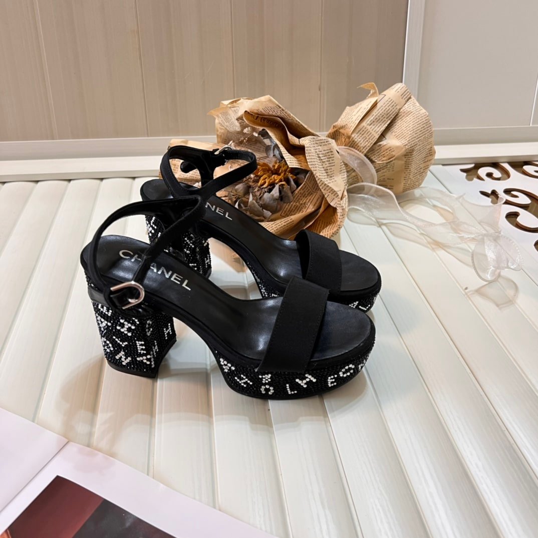 Ch**el Sandal Pump Stone Beads Black Silver G45365 B15306 Nu665