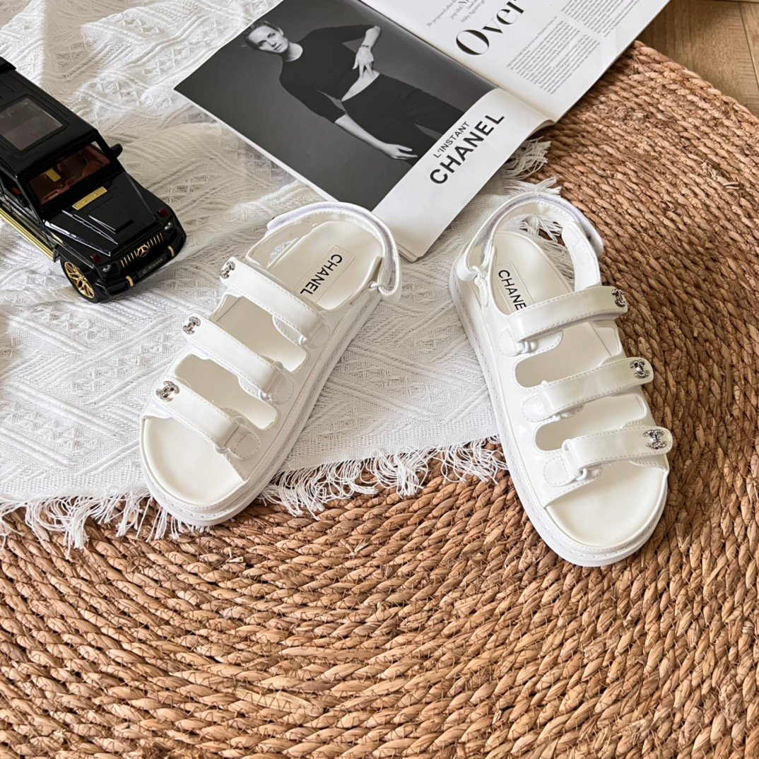 Ch**el Triple Velcro Strap Sandals White G45628