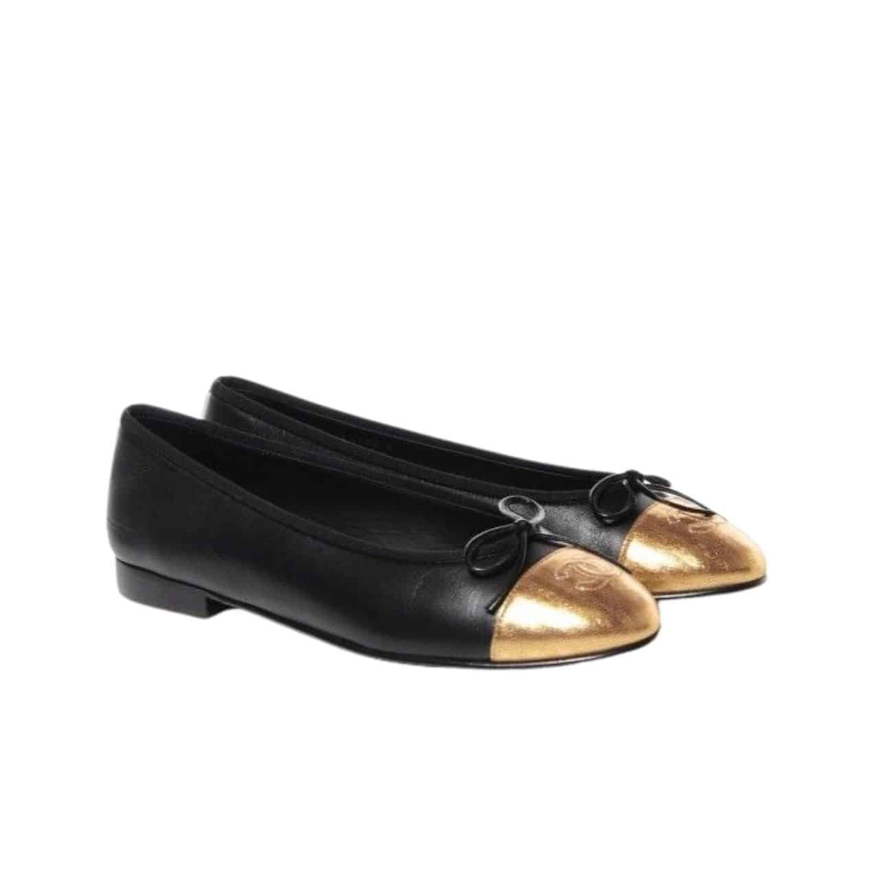 Ch**el Leather Cap Toe Ballet Flats Black Gold