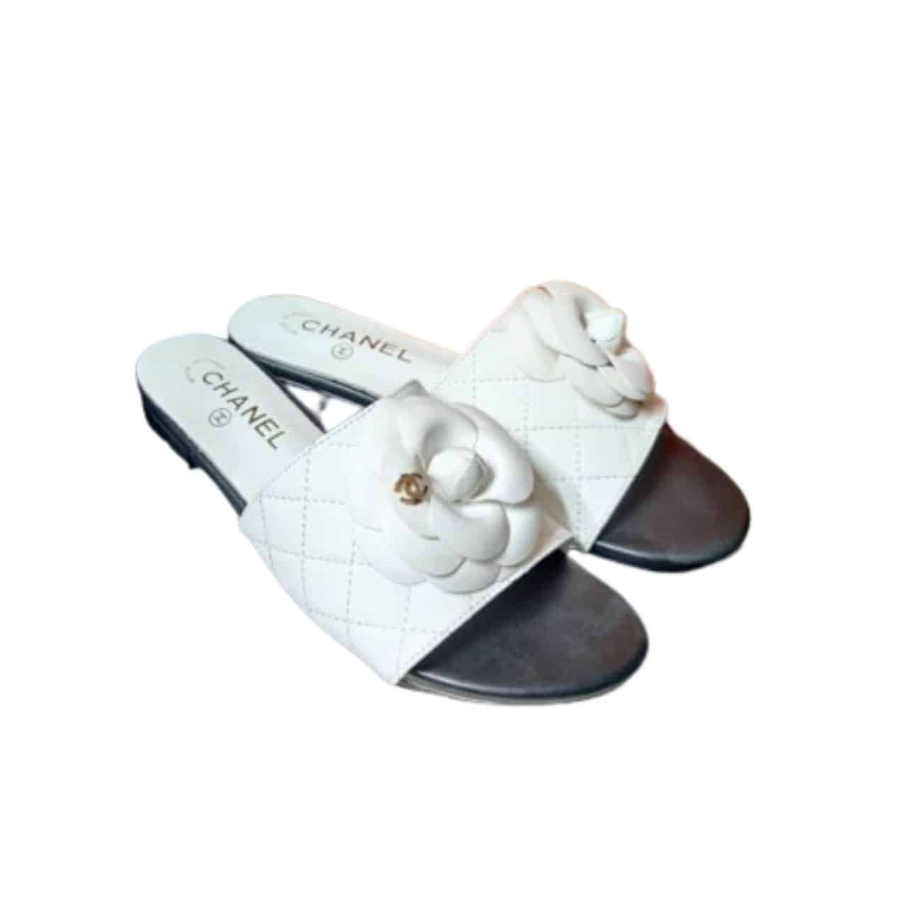 Ch**el Camellia Leather Slides White