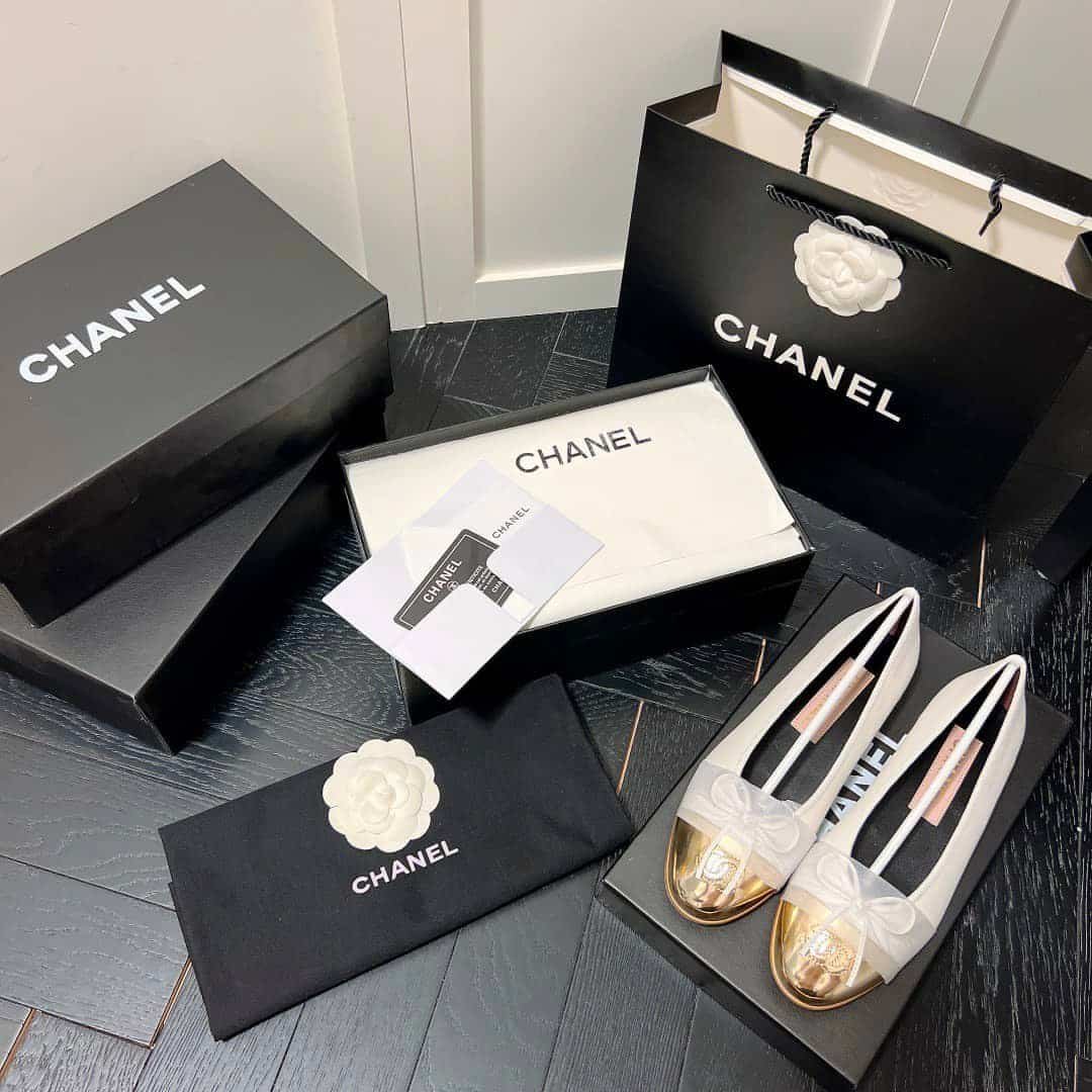 Ch**el Leather Cap Toe Ballet Flats White Gold