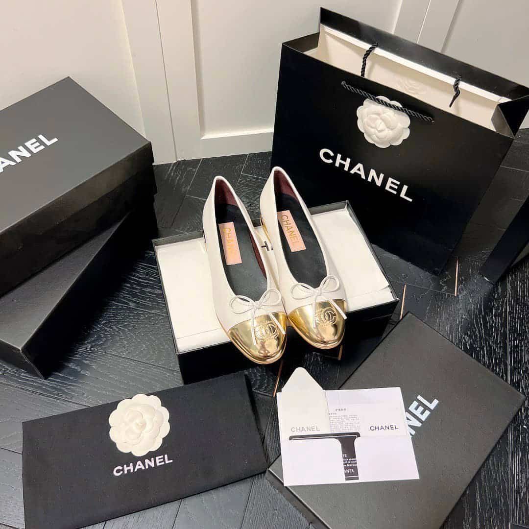 Ch**el Leather Cap Toe Ballet Flats White Gold