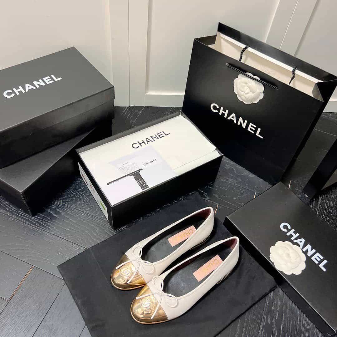 Ch**el Leather Cap Toe Ballet Flats White Gold