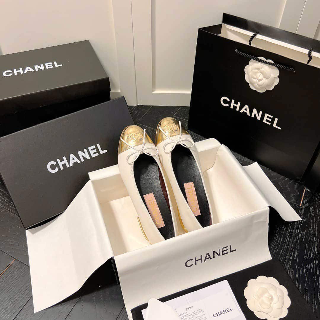 Ch**el Leather Cap Toe Ballet Flats White Gold
