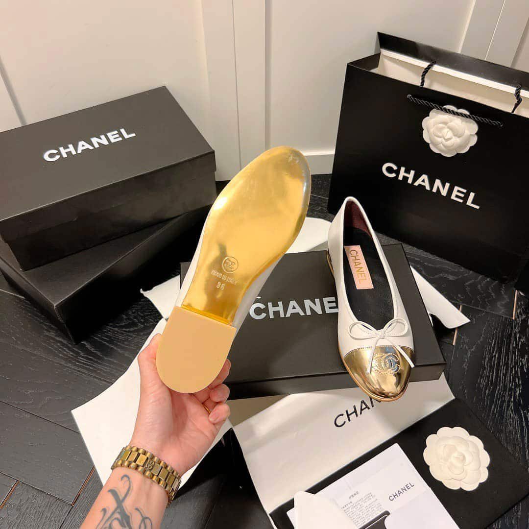 Ch**el Leather Cap Toe Ballet Flats White Gold