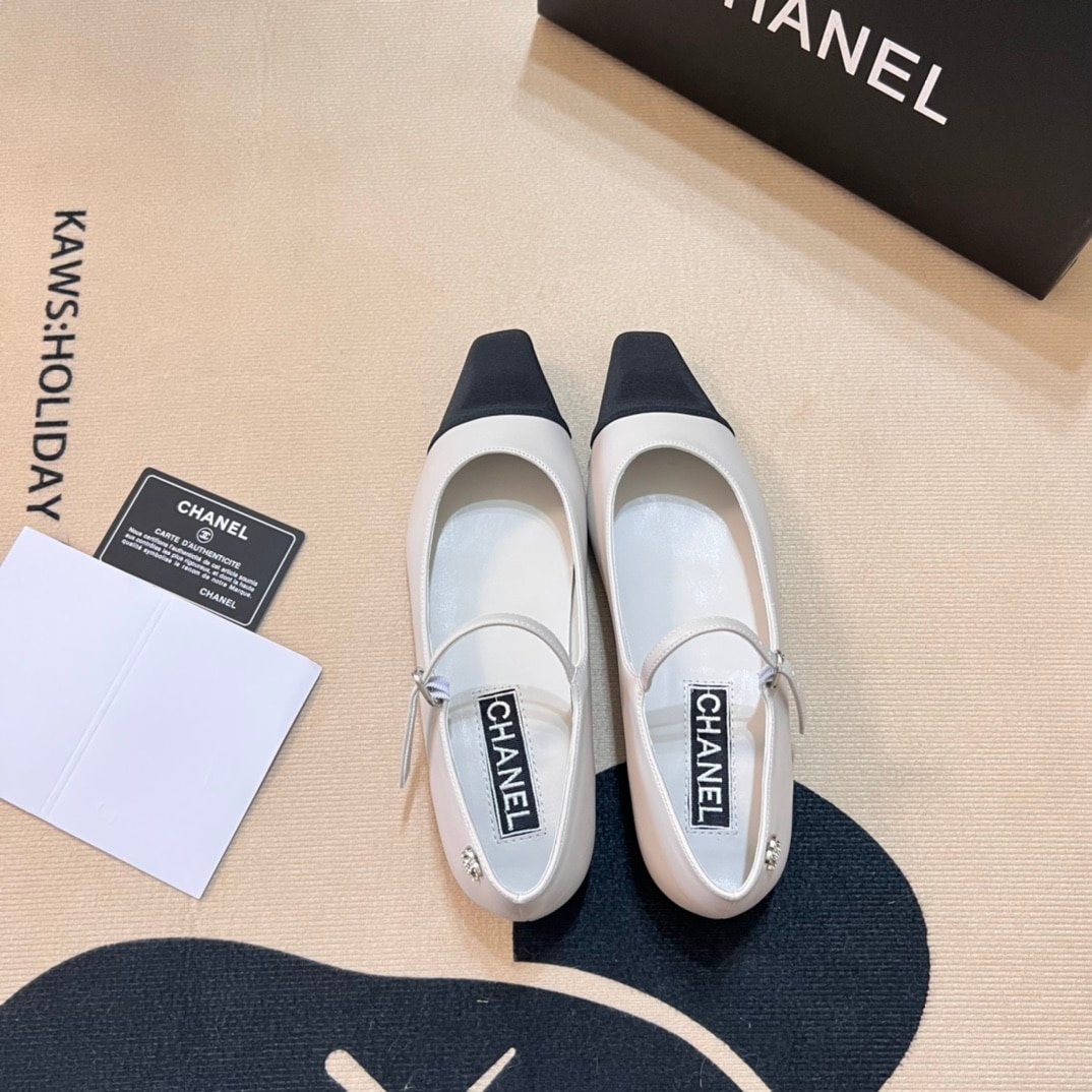 Ch**el Square Toe Ballet Flats Black White