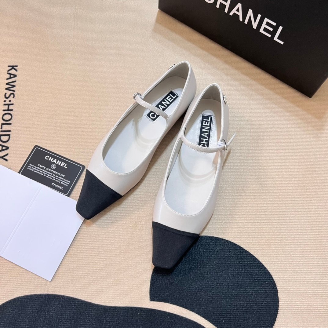 Ch**el Square Toe Ballet Flats Black White