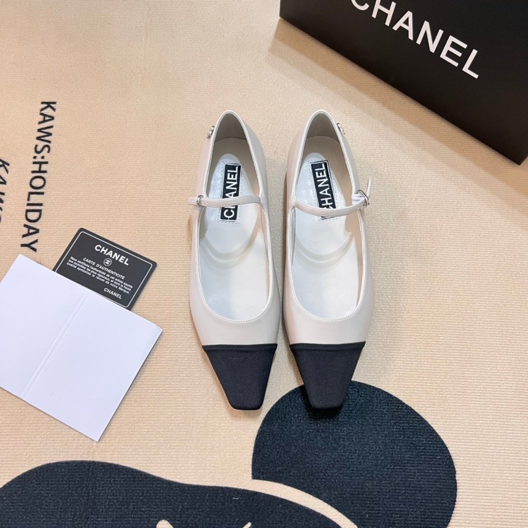 Ch**el Square Toe Ballet Flats Black White