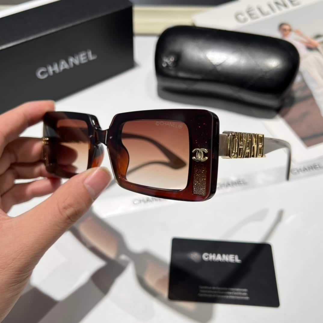 Ch**el Rectangle Shiny Design Gradient Sunglasses Brown