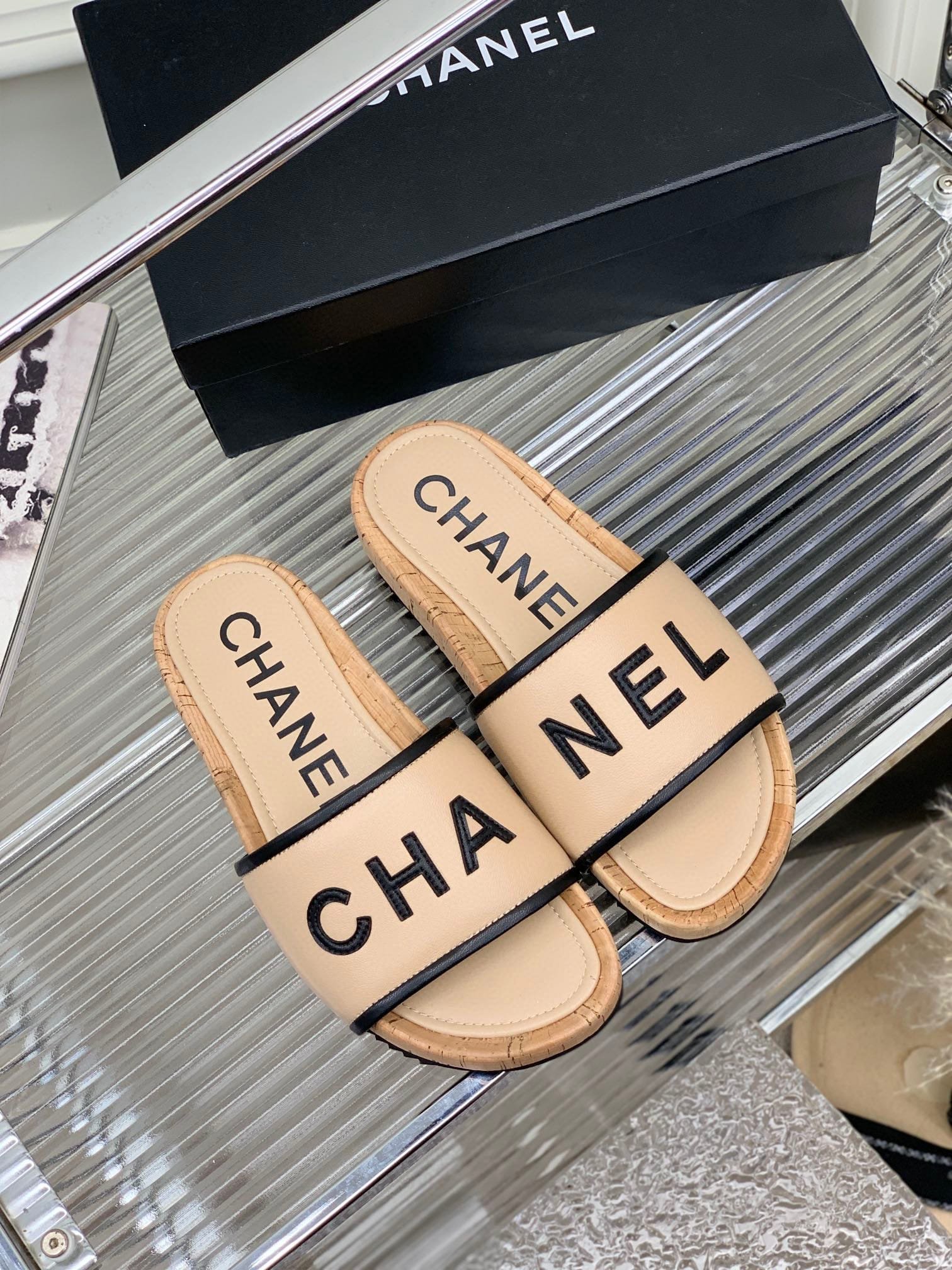 Ch**el Leather Logo Cork Slide Sandals Beige