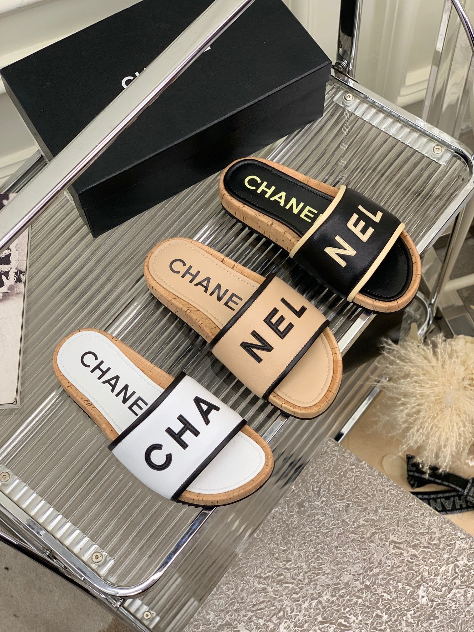 Ch**el Leather Logo Cork Slide Sandals Beige