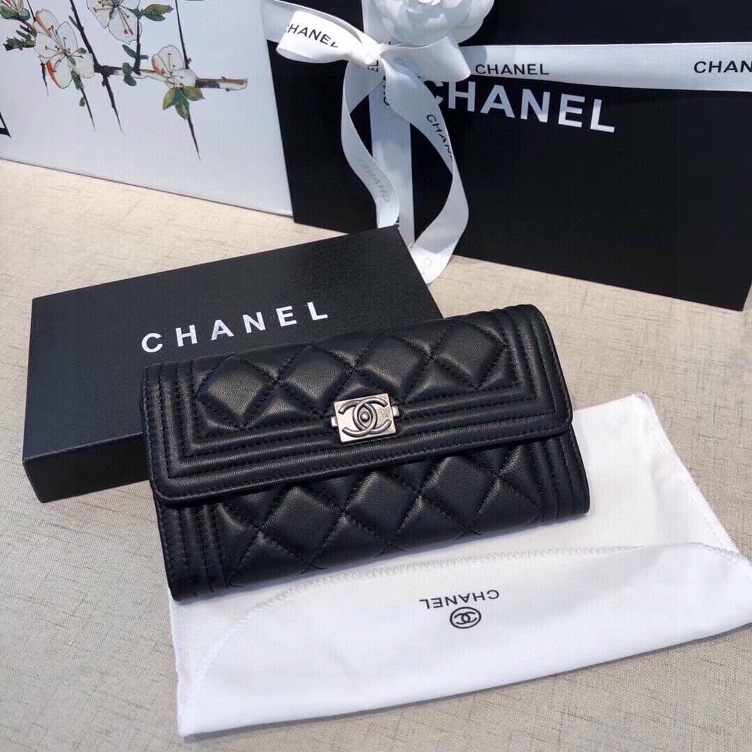 Ch**el Boy Flap Long Wallet Ruthentium Hardware Black 19Cm