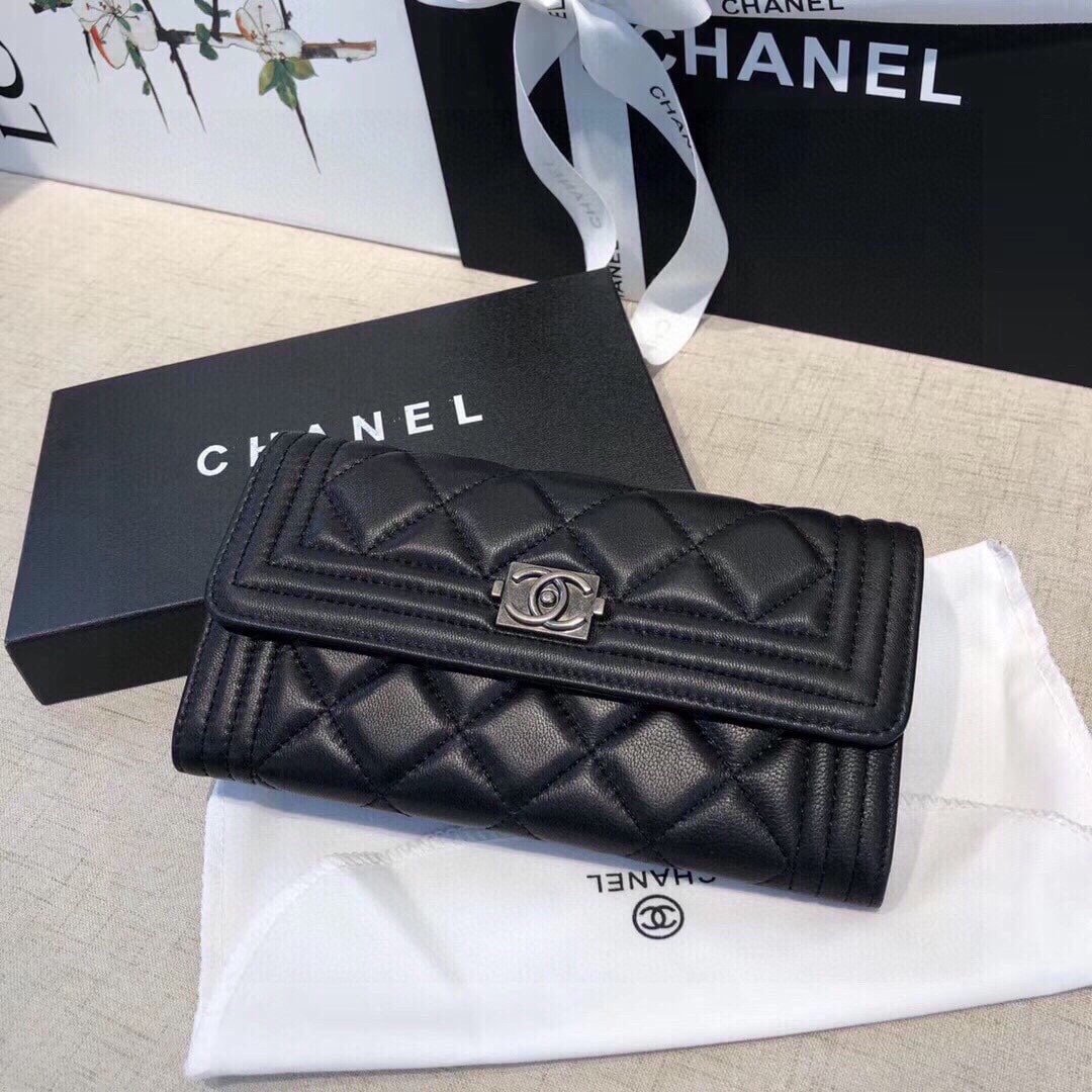 Ch**el Boy Flap Long Wallet Ruthentium Hardware Black 19Cm