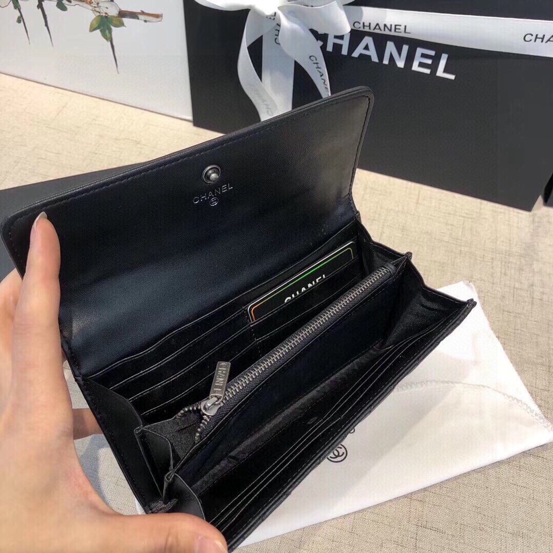 Ch**el Boy Flap Long Wallet Ruthentium Hardware Black 19Cm