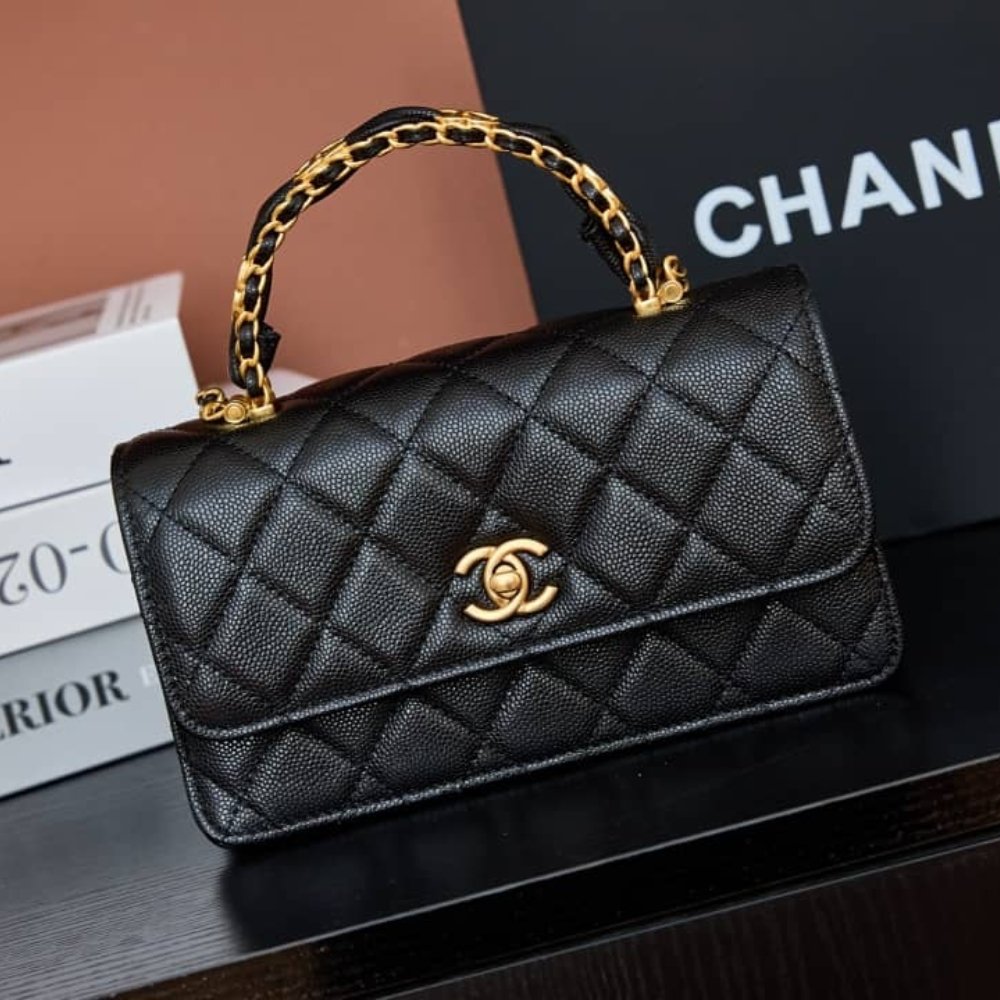 [S*per Vip 1:1] Ch**el Wallet On Chain Black Leather With Gold Tone Metal 18cm