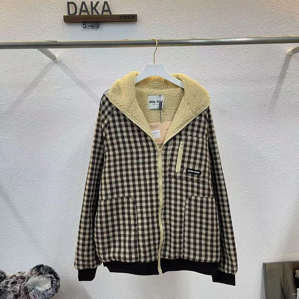 M1um1u Fleece Lined Checked Blouson Jacket Dark Brown Ml1358 18Aa F049P S Ooo