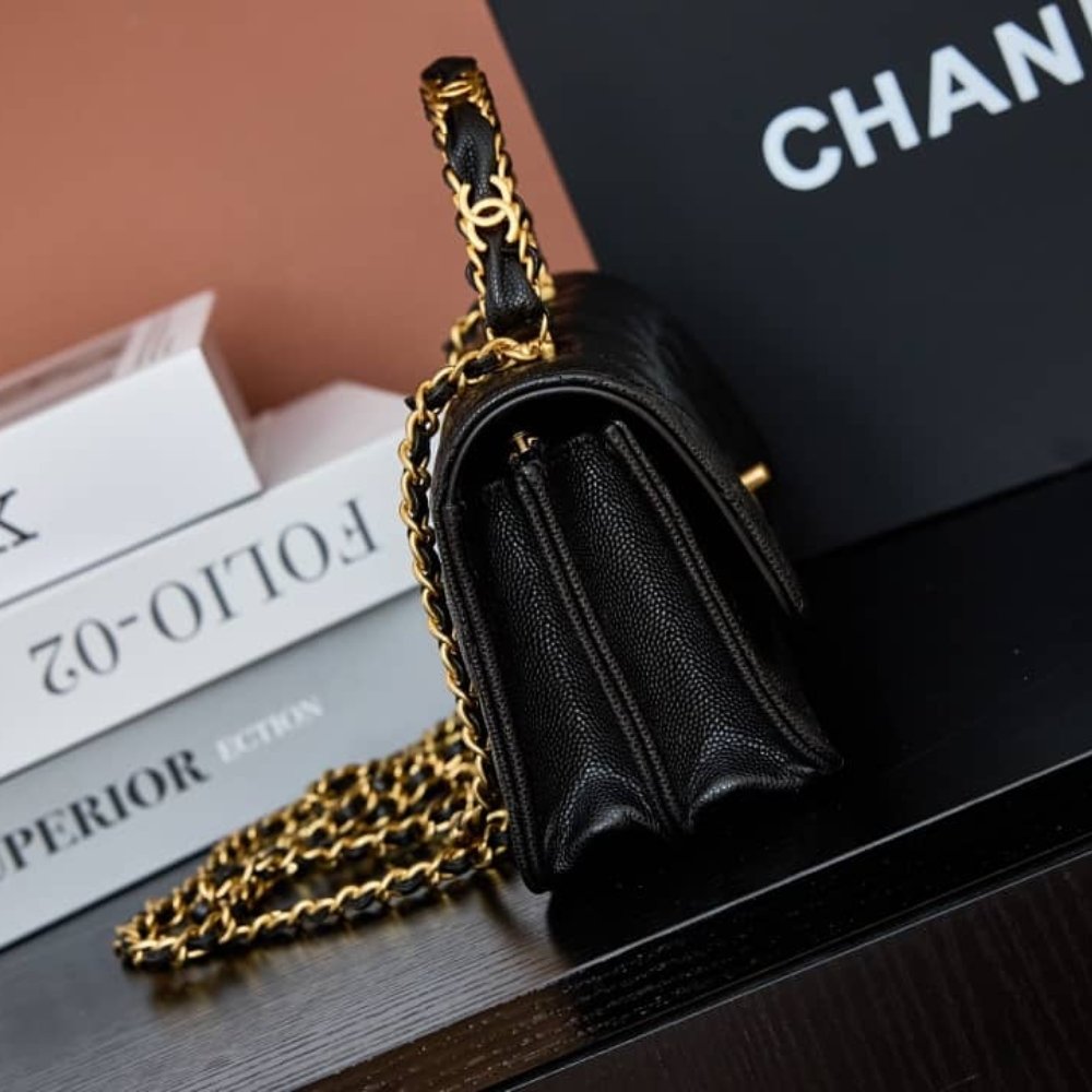 [S*per Vip 1:1] Ch**el Wallet On Chain Black Leather With Gold Tone Metal 18cm