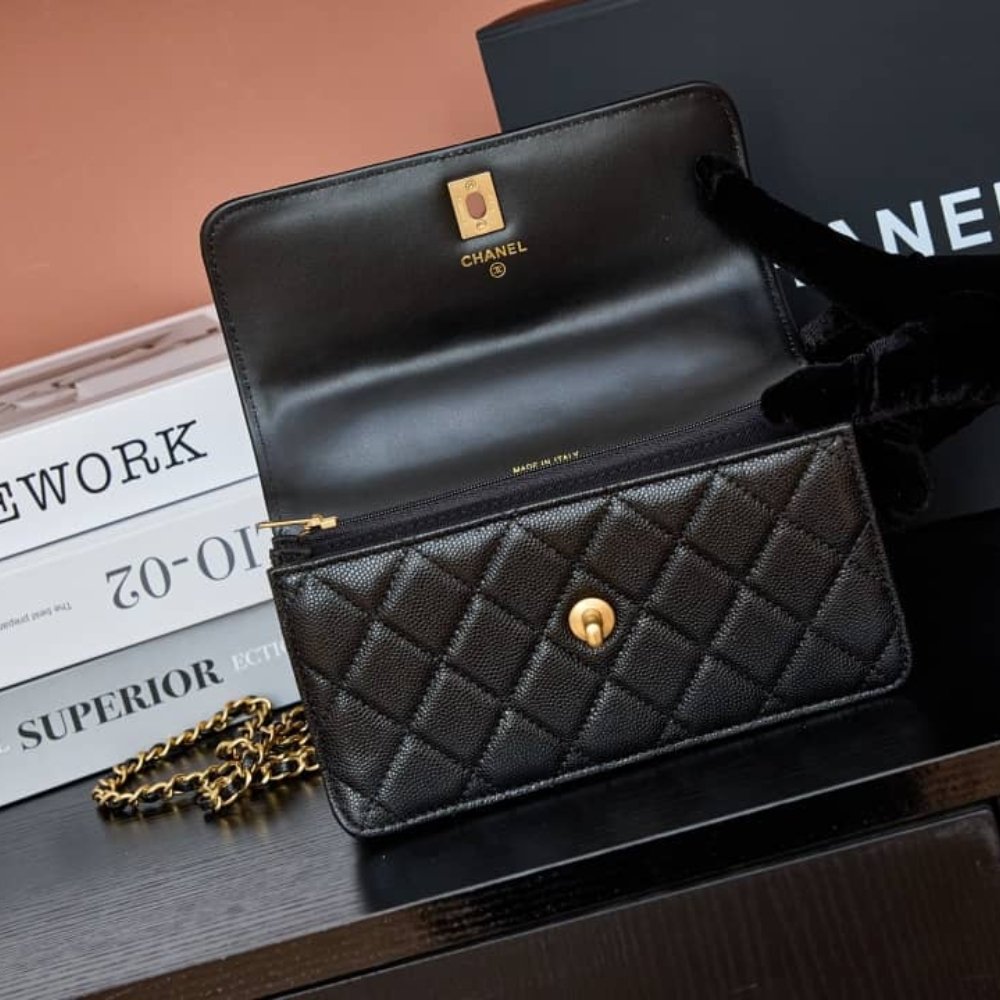 [S*per Vip 1:1] Ch**el Wallet On Chain Black Leather With Gold Tone Metal 18cm