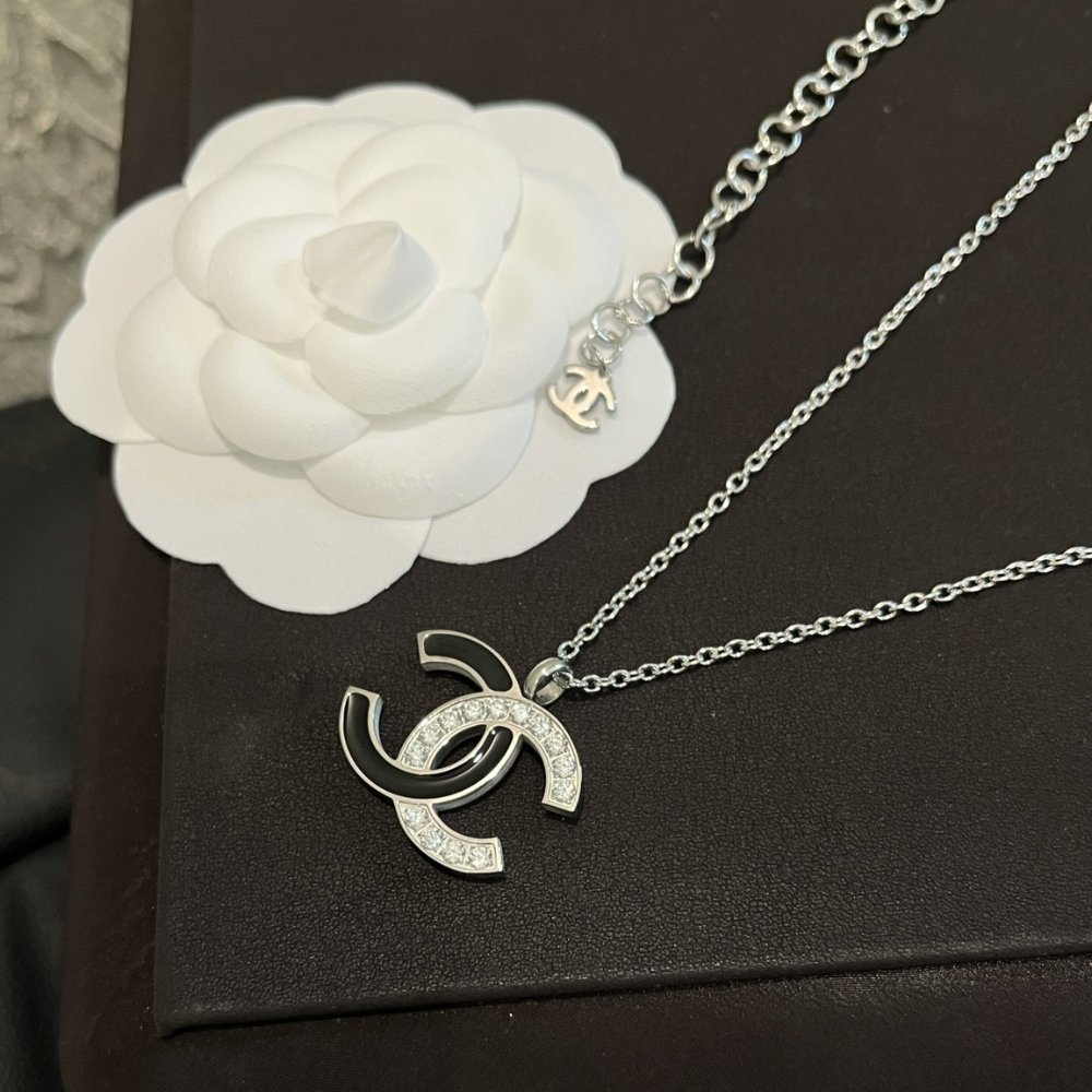 Ch**el Cc Logo Pendant Necklace White Stones And Black Enamel Silver