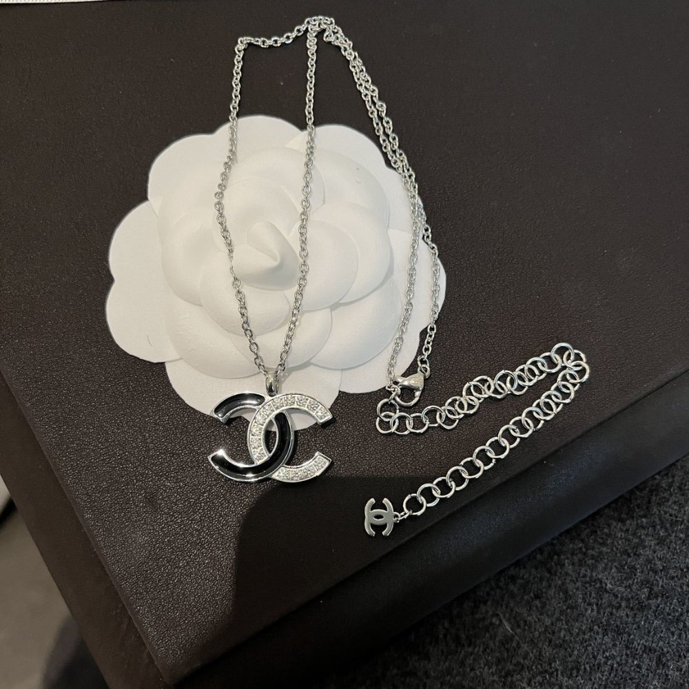 Ch**el Cc Logo Pendant Necklace White Stones And Black Enamel Silver