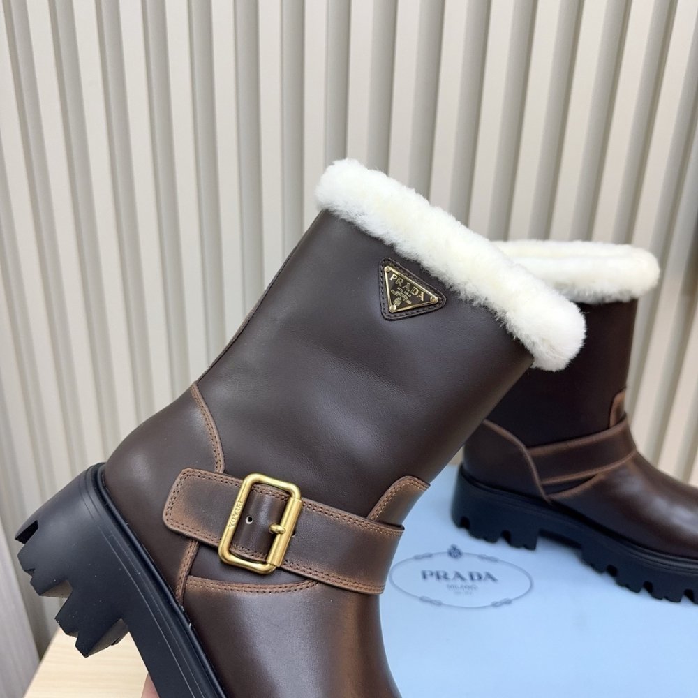 Pra*a Leather And Shearling Booties Cocoa Brown 1U187O Dfw F0324 F 050