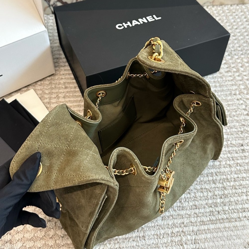 Ch**el Small 25 Handbag Gold Tone Metal Khaki 26Cm