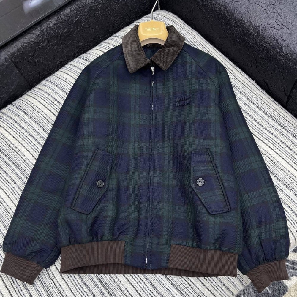 M1um1u Checked Twill Blouson Jacket Blue And Green Ml1328 17V7 F0D3Z S Ooo