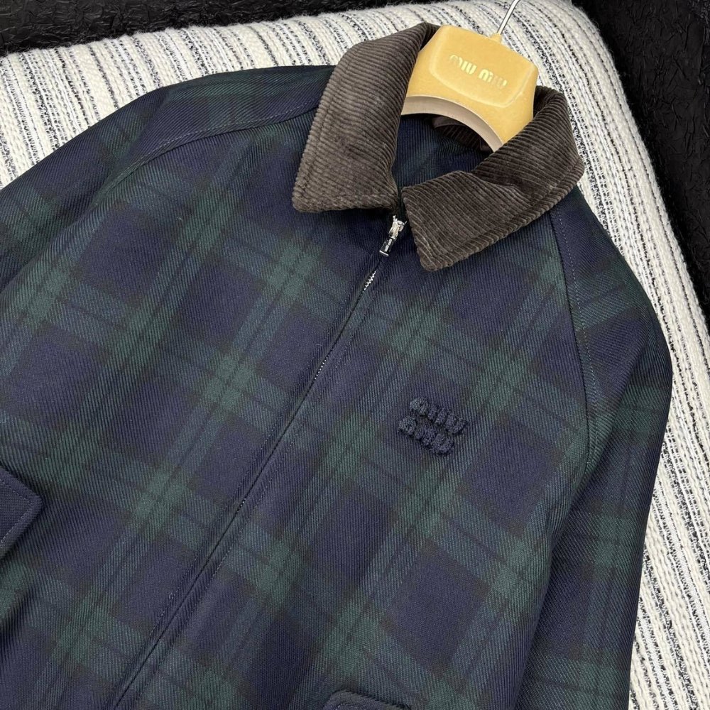 M1um1u Checked Twill Blouson Jacket Blue And Green Ml1328 17V7 F0D3Z S Ooo