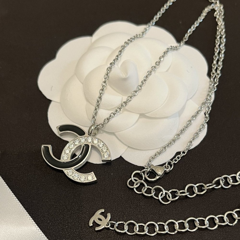 Ch**el Cc Logo Pendant Necklace White Stones And Black Enamel Silver