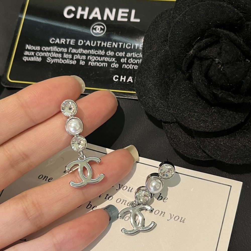 Ch**el Crystal Cc Pearl Drop Earrings Silver Abg202 B21707 U2865
