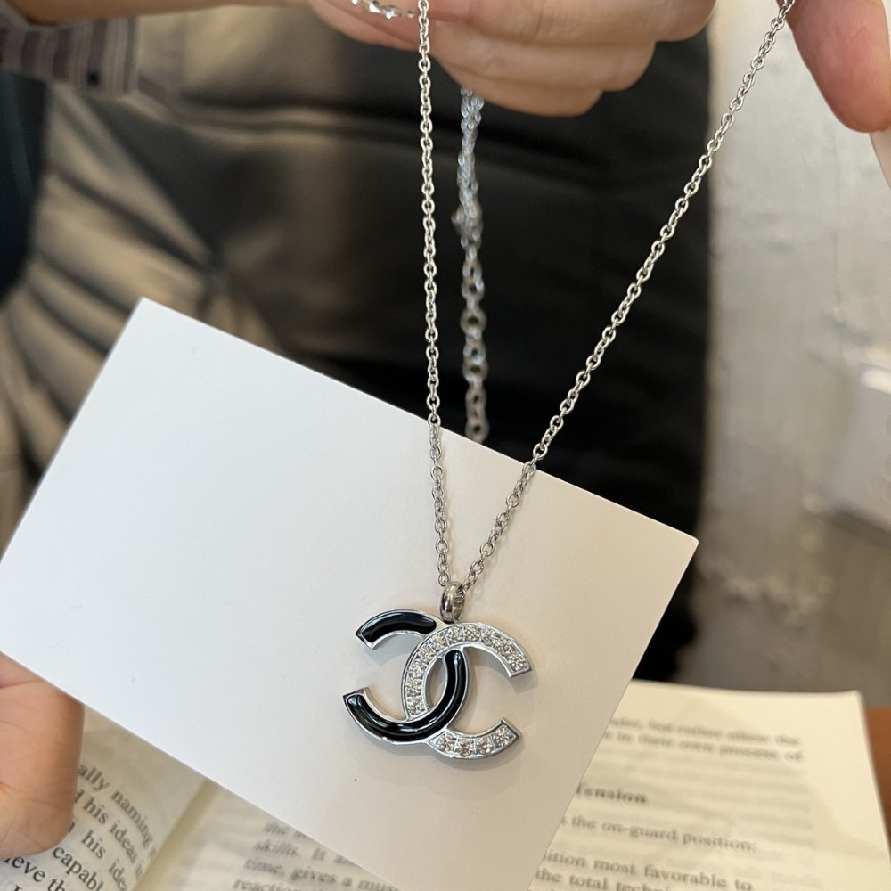 Ch**el Cc Logo Pendant Necklace White Stones And Black Enamel Silver