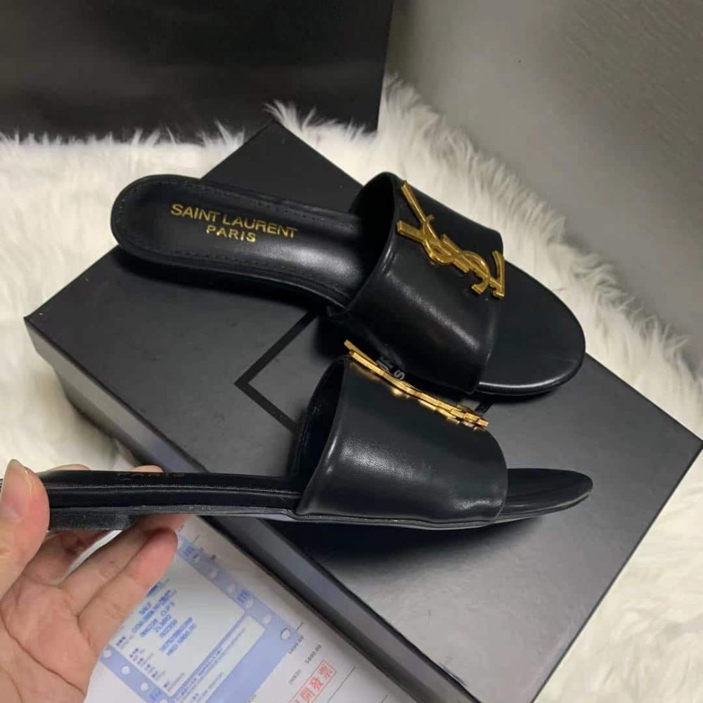 Sa1nt Lau*nt Logo Slippers Black